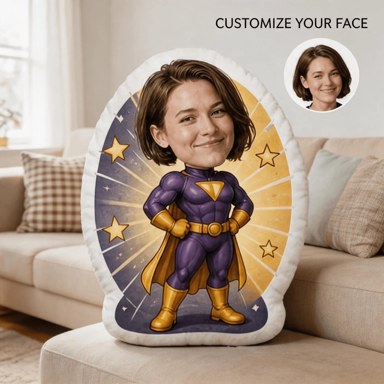 Custom Face Superhero Shaped Pillow, Personalized Photo Character Decorative Cushion, 60CM Large Size Accent Pillow for Sofa & B