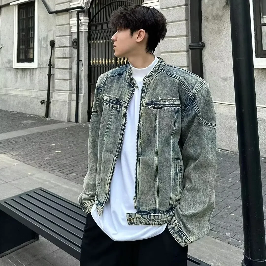 

Trendy Vintage Washed Distressed Denim Tops Unisex Outerwear Streetwear Autumn Men's Crew Neck Zipper Bomber Jackets Jeans Coats