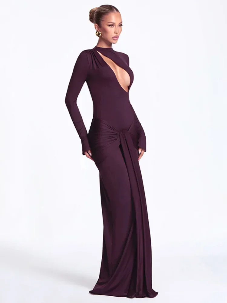 Fmxires Hollow Out Bandage Party Sexy Jurken Elegante Geplooide Bodycon Maxi Lange Jurk Vrouwen 2025, Herfst Winter Jurk Vestidos