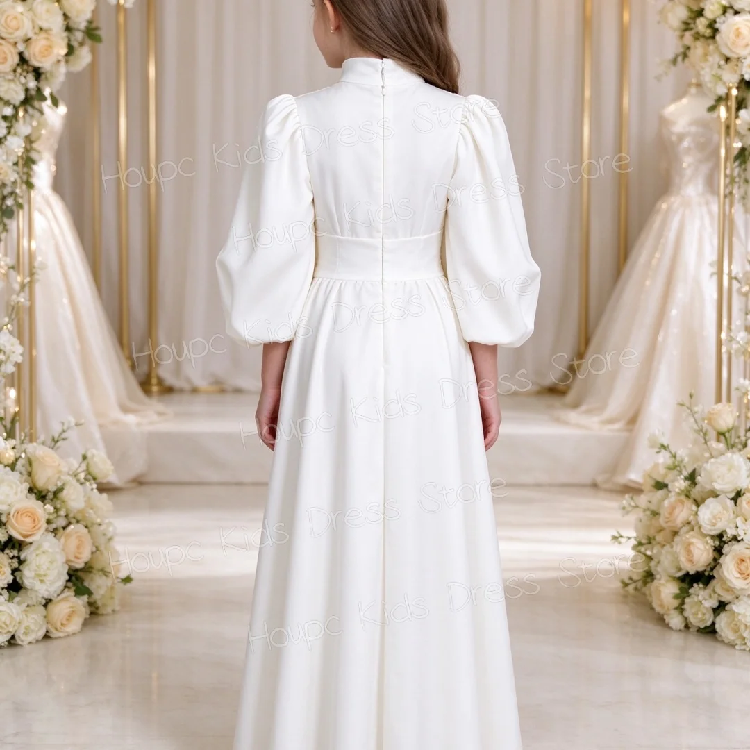 Girls White Satin Dress Stand Collar Lantern Sleeve High Waist Pleated A-Line Maxi Gown Kids Flower Girl Wedding Vestidos
