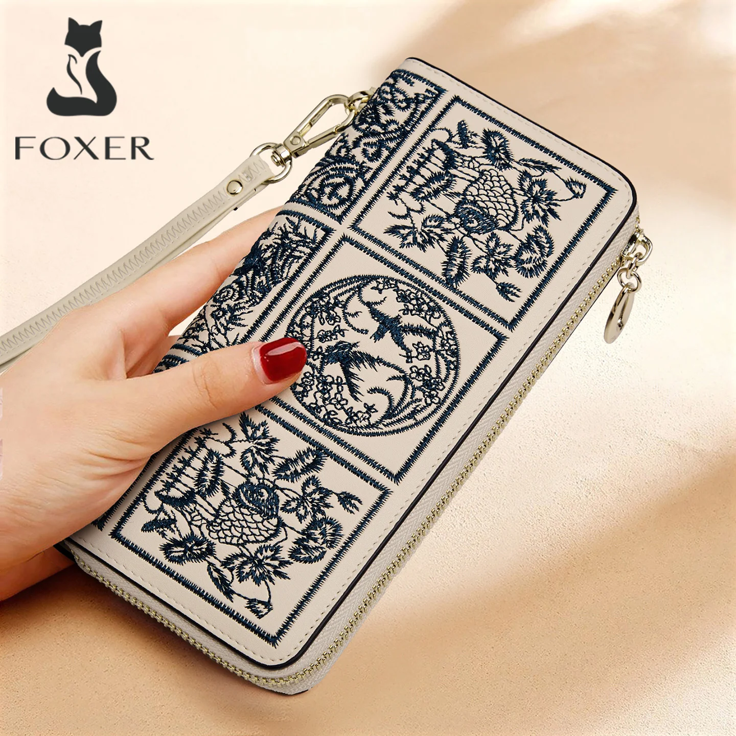 FOXER Women's Split Leather Long Wallet Chinese Embroidery Pattern Zipper Phone Purse Lady Large Capacity Card Holder Best Gift