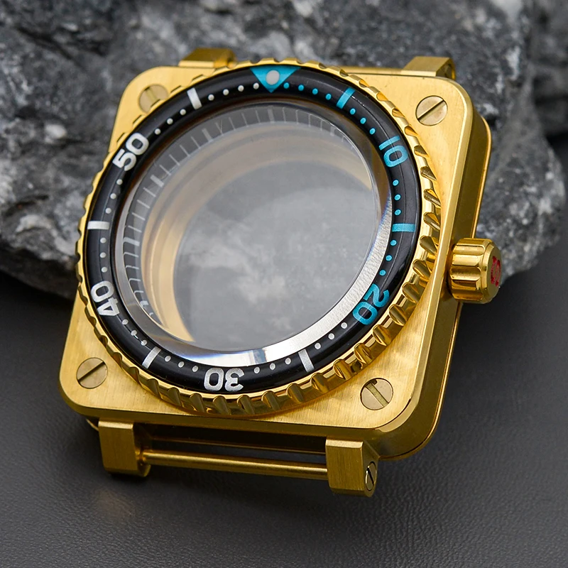 Gold Square Diving Men's Watch Case 316L Stainless Steel Sapphire Crystal Fit NH35 NH36 Movement 100M Waterproof  Gift