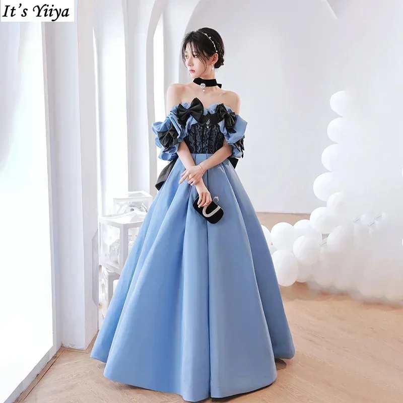 It\'s Yiiya Customized Blue Satin Evening Dress Short Sleeves Floor Length Lace Up Pleat A-line Plus size Woman Formal Party Gown