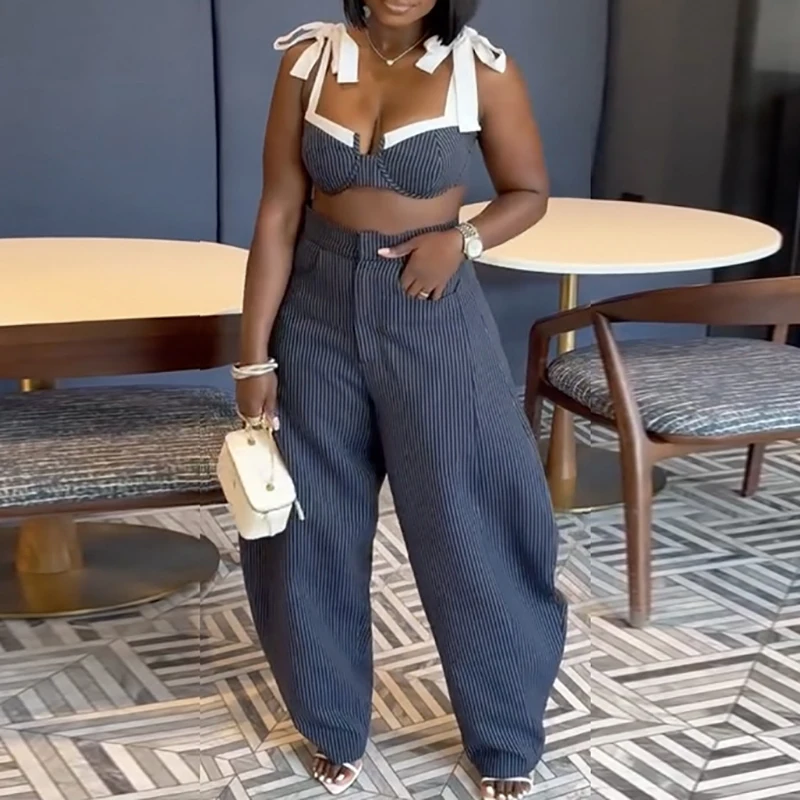 Chic Contrast Color Splice Tie Up Backless Outfit Sexy Straps Off Shoulder Club Suit Women Casual High Waisted Top+Pants 2pc Set view 4