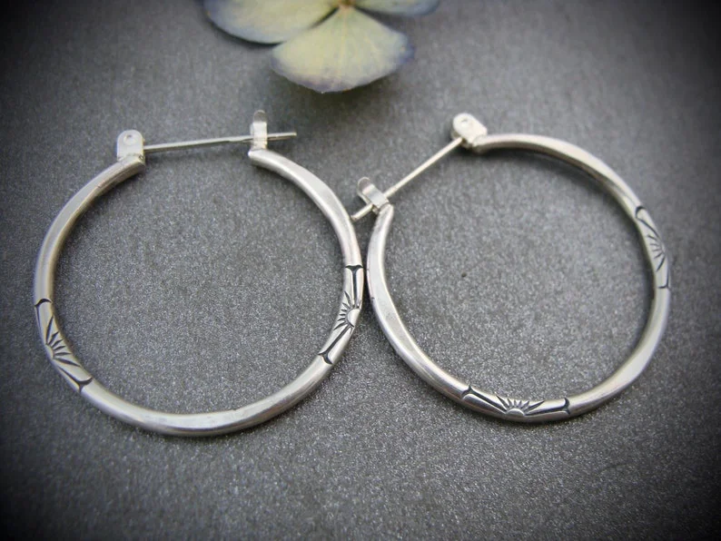 Minimalist Style Vintage Silver Big Earrings 925 Silver Needle Hoops Small Hoops  Imprinted Jewelry One Inch Hoops