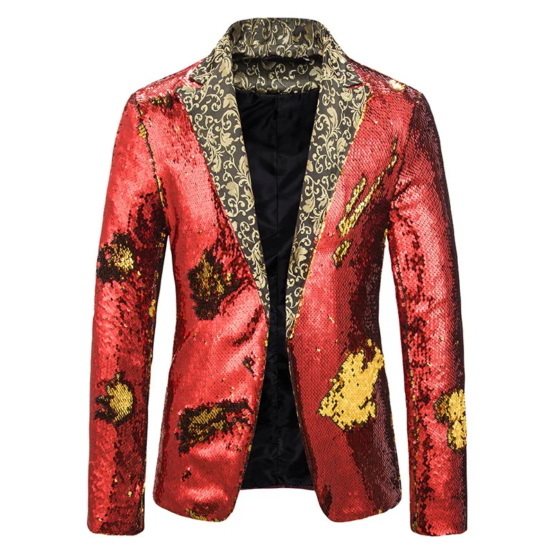 Gold Embroidered V-Neck Suit Jacket Men\'s,Wedding Party Dress Coat Top,Blue Red Black Blazers Sparkling Sequin Embellishment XXL