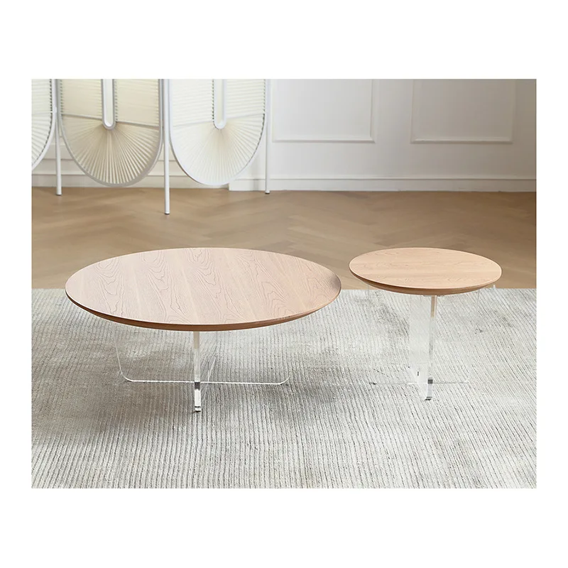 

Nordic ash wood suspended acrylic coffee table, wabi sand wind round coffee table combination