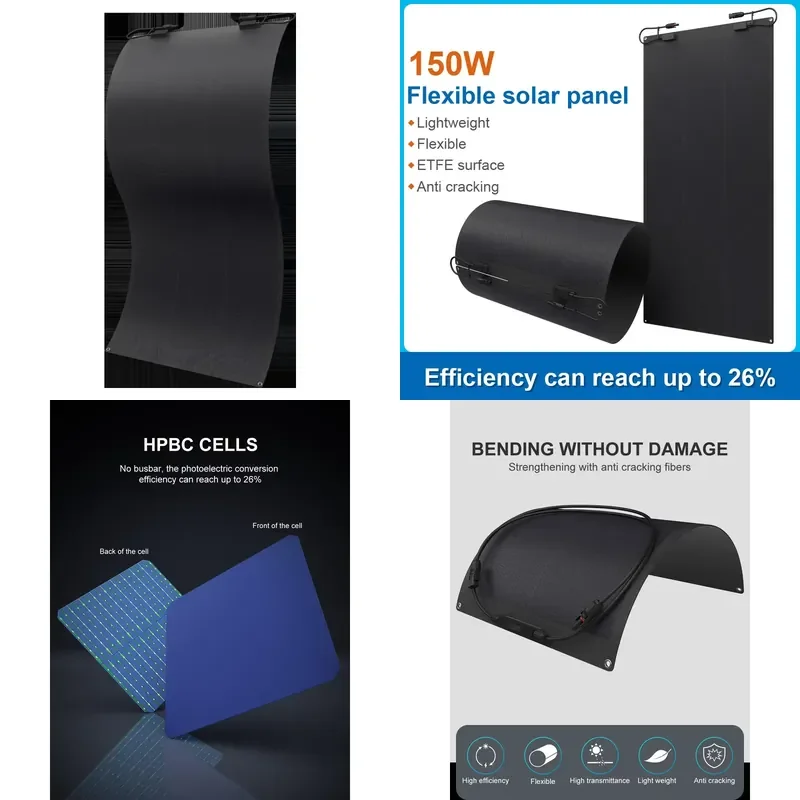 In Stock Fast Dispatch 150W Anti-Crack ETFE HPBC Cell Full Black Frameless Flexible Solar Panel for Boats Motorhomes Outdoor