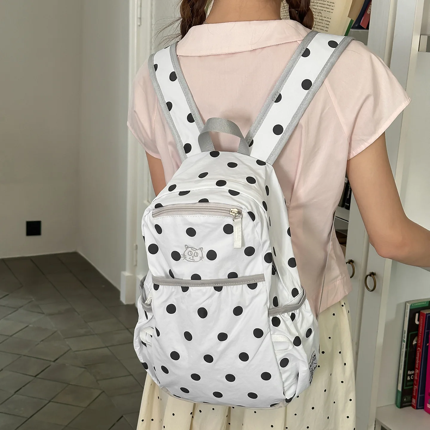 Women Polka Dot Backpack Cute Mini Daypack Casual Nylon Rucksack with Cartoon Embroidery Front Pocket Side Drawstring School Bag