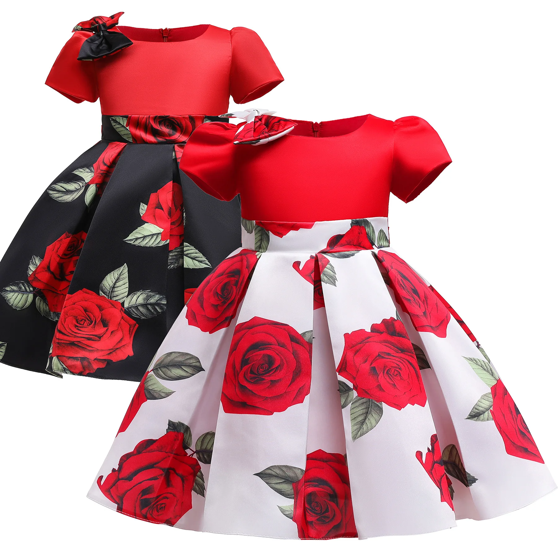

Girls Dress 2022 Spring and Summer Red Children's Clothing Bow Short-sleeved Children's Princess Dress Girl Dress Skirt