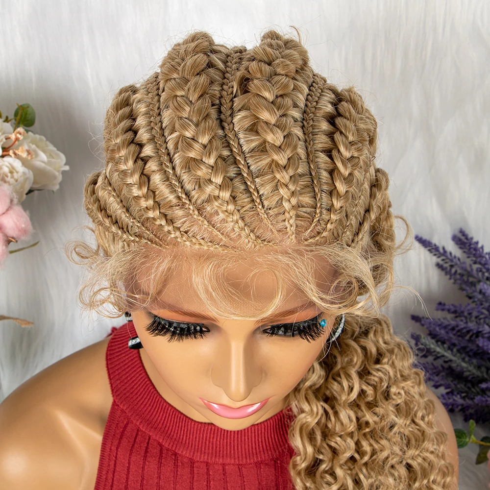 Synthetische blonde Pferdes chwanz geflochtene Perücke mit Babyhaar für schwarze Frauen Cornrow Zöpfe Perücke mit lockiger Spitze vorne Flecht Perücke