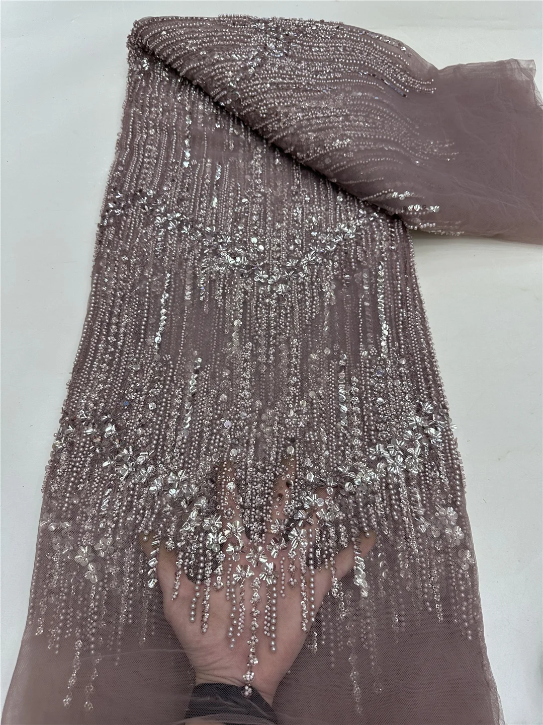 Tessuto africano del pizzo 2025 Paillettes francesi di alta qualità Perline ricamate Tessuto di pizzo tulle per il vestito da festa-RF