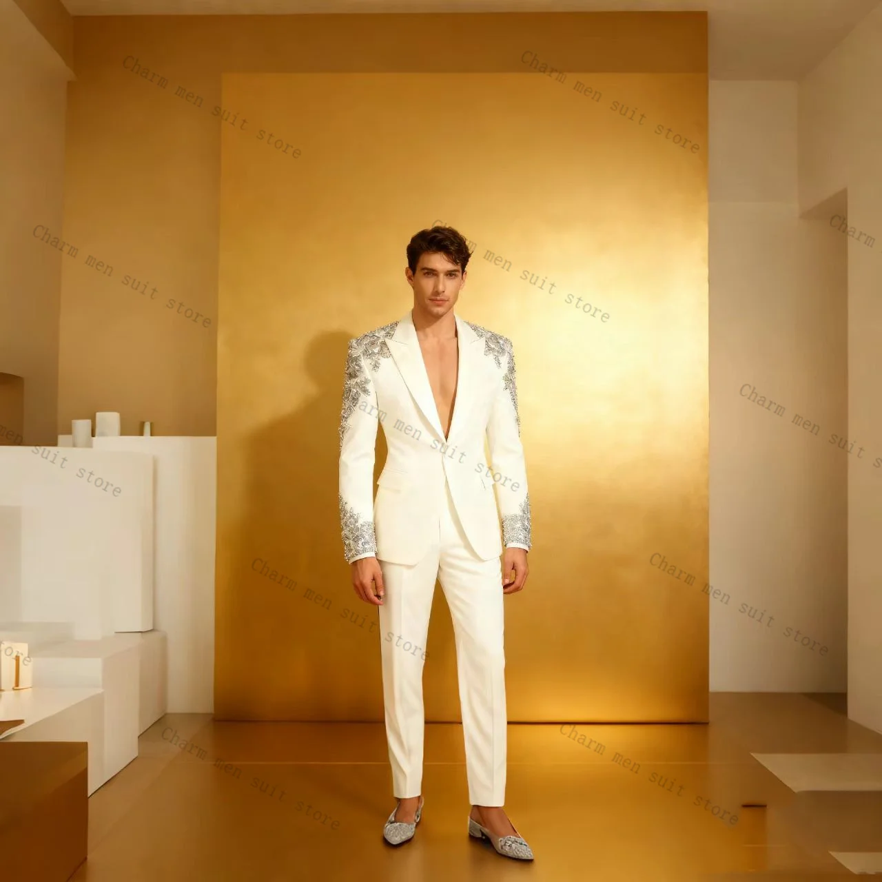 

White Crystals Men Suits Set 2 Pcs Blazer+Cotton Pant Trousers Elegant Wedding Tuxedo Formal Office Business Groom Jacket Coat