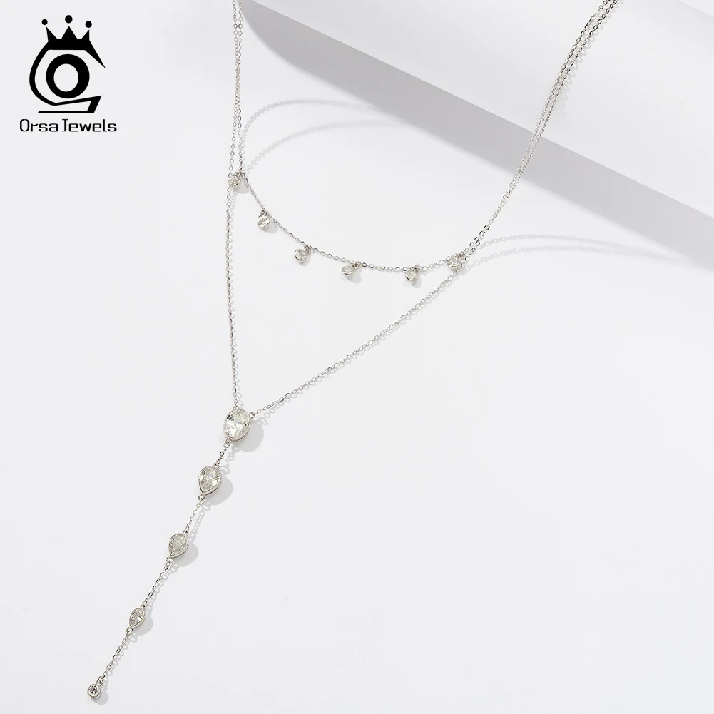 ORSA JEWELS 925 Sterling Silver Y-Shaped Necklace with 5A Cubic Zirconia for Women Choker Necklace Birthday Party Jewelry BQN16