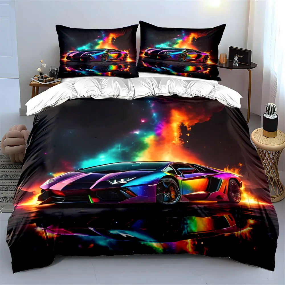 Vibrant Car and Flaming Sky Print Bedding Set 1 Duvet Cover 2 Pillowcases for Adult and Children Luxury Gift Full Size