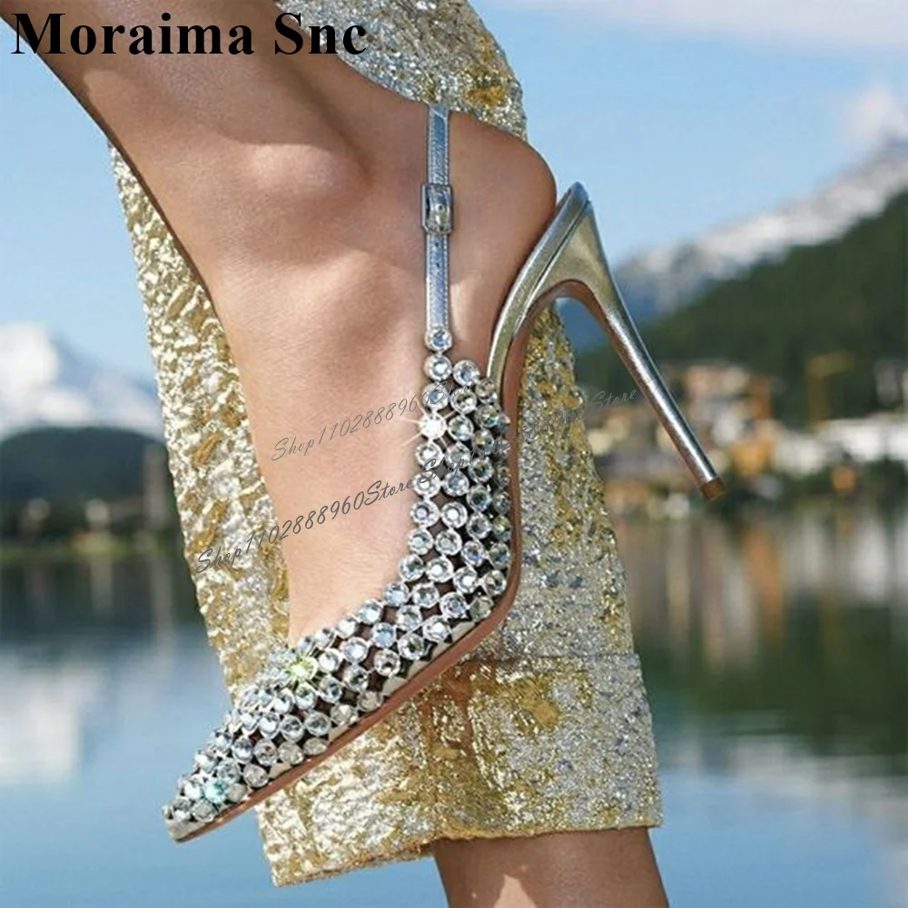 

Graceful Silver Crystal Decor Hollow Sandals Cut Heel Thin High Heel Women Shoes Back Strap Pointed Toe 2023 Zapatos Para Mujere