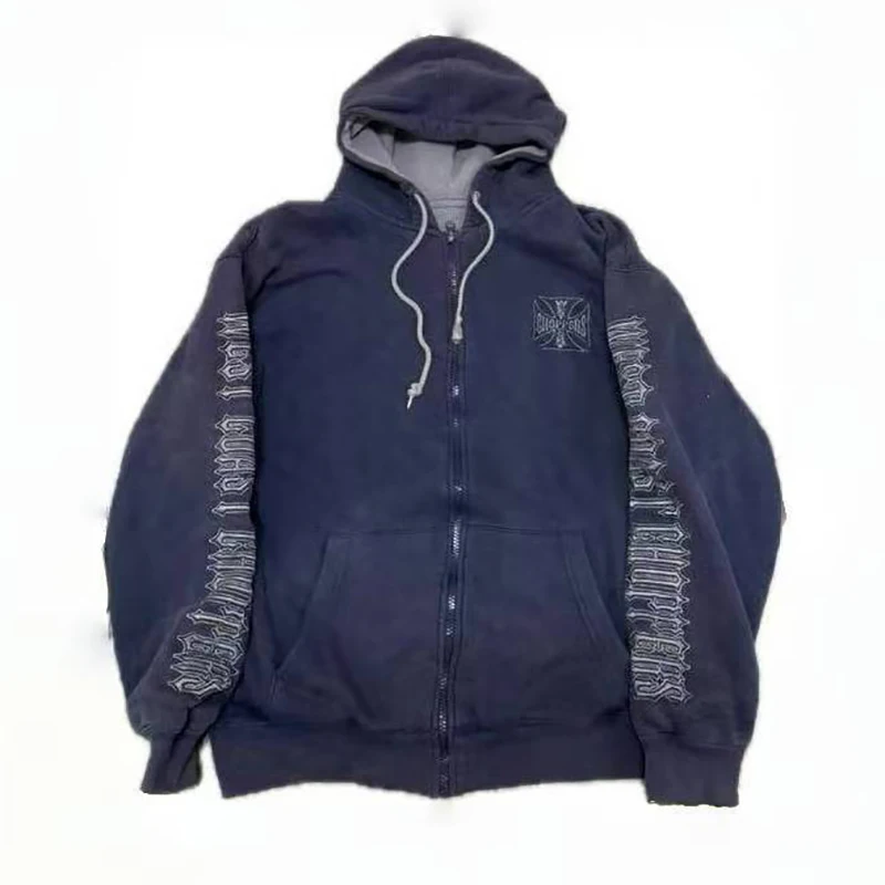 

Худи West Coast Choppers 2026, французский синий цвет, с вышивкой, фиолетовая вываренная ткань, эффект состаривания, унисекс, уличный стиль, новая модель на молнии с капюшоном