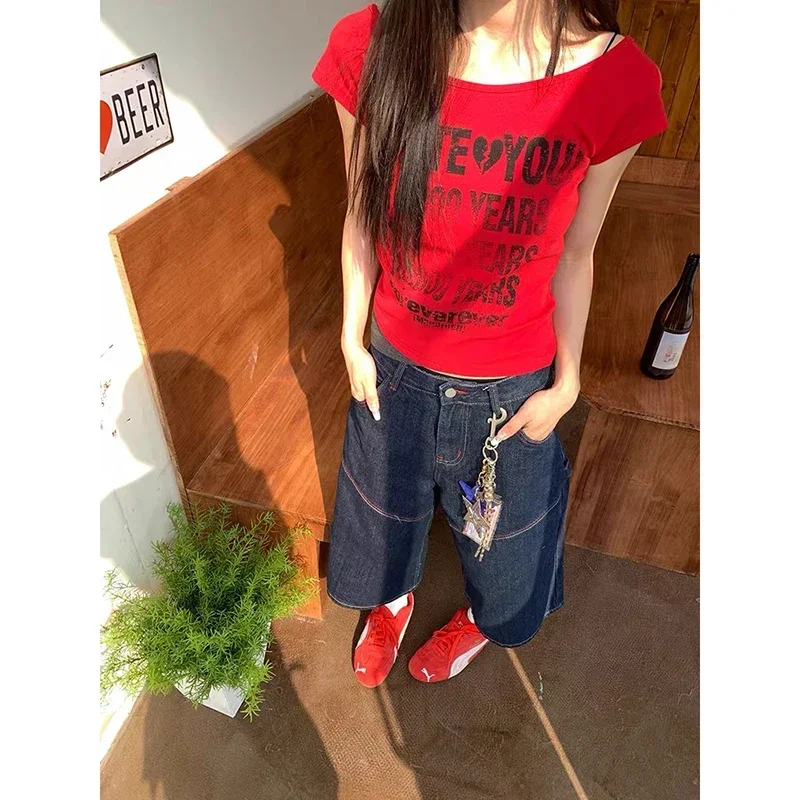 

Vintage Blue High Waist Embroidery Y2k Jeans Women 90s 2000s Baggy Wide Leg Denim Pants American Retro Streetwear Trousers