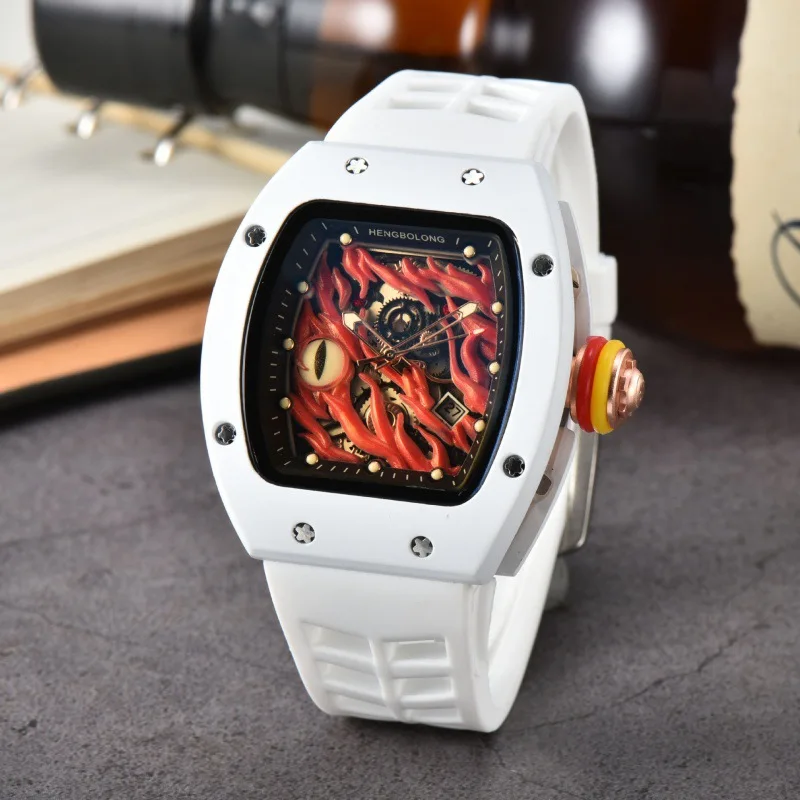 Tonneau White Devil\'s Eye Non-Mechanical Hollow Flywheel Unique Quartz Watch Men Creative Men Watch Military AAA Male Clock