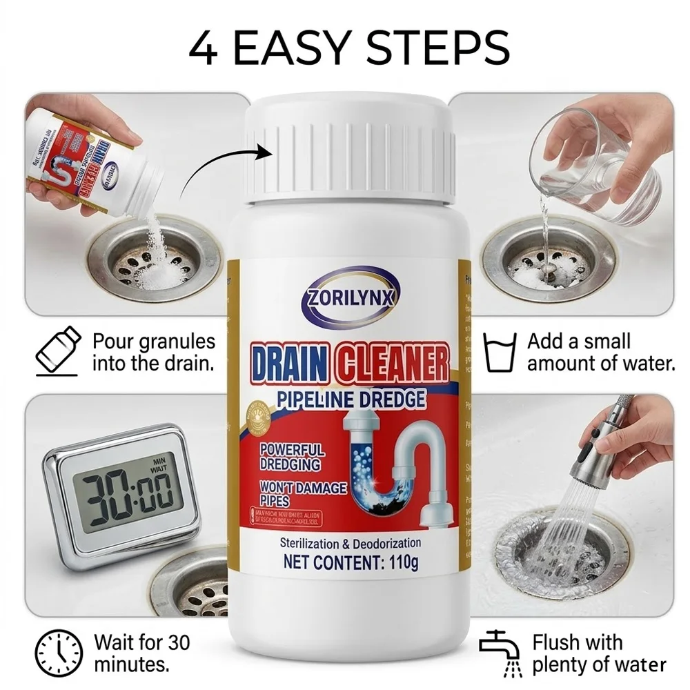 110g Drain Cleaner Powder, Powerful Pipeline Dredge Agent for Kitchen Sink Toilet Bathtub, Clog Remover Non-Damaging ZORILYNX view 5