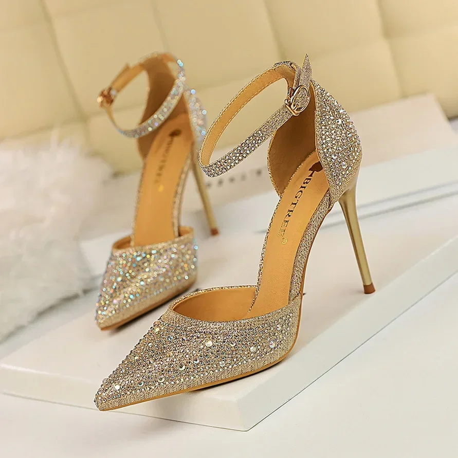 BIGTREE Shoes Shiny Rhinestones High Heels Ladies Shoes Women Pumps Stiletto Sweet Women Heels Wedding Shoes Women Sandals 10 Cm