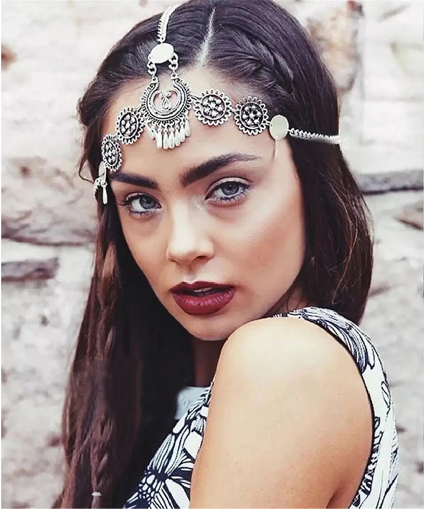 Trendy Boho Greek Ethnic Forehead Head Chain Golden Silvery Hollow Carved Flower Headpiece Tribal Bride Hair Accessories Jewelry