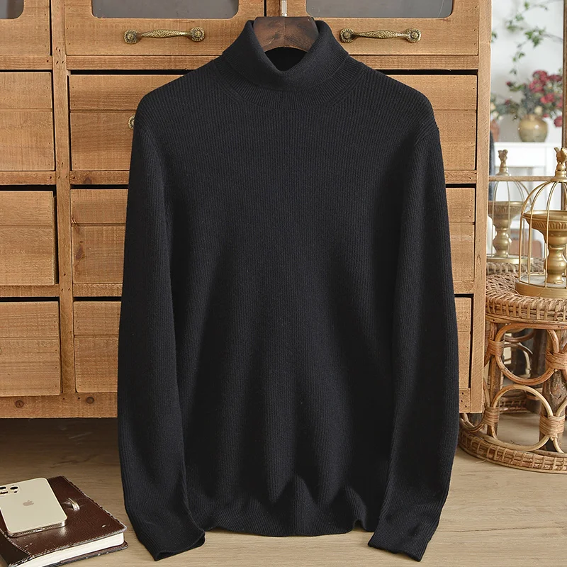 Cashmere sweater men\'s 100 pure cashmere turtleneck winter thickened two lapel bottom knitted solid color high-end sweater