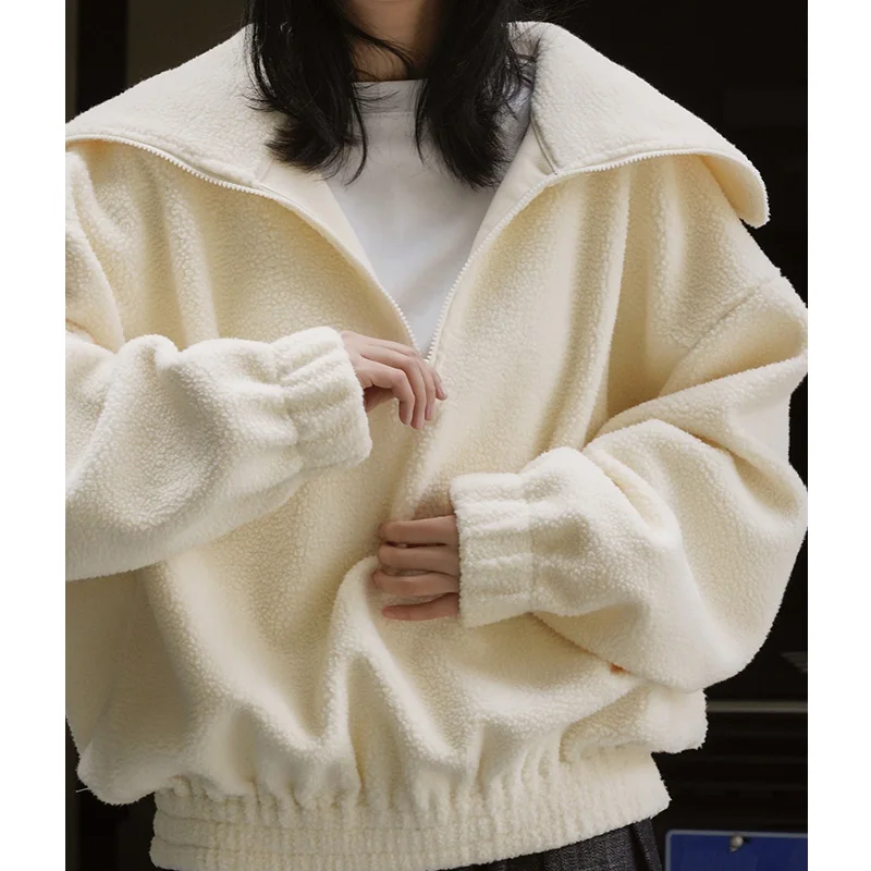 Women Large Lapel Plus Velvet Pullover Sweatshirt 2024 Winter Ladies Casual Loose Oversized Thick Plush Warm Long Sleeve Tops