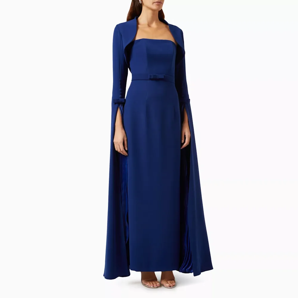 Muloong Blue Strapless Maxi Dress Back Split Ankle Length Detachable Bolero with Pleated Flare Sleeves Saudi Aribia Prom Gown