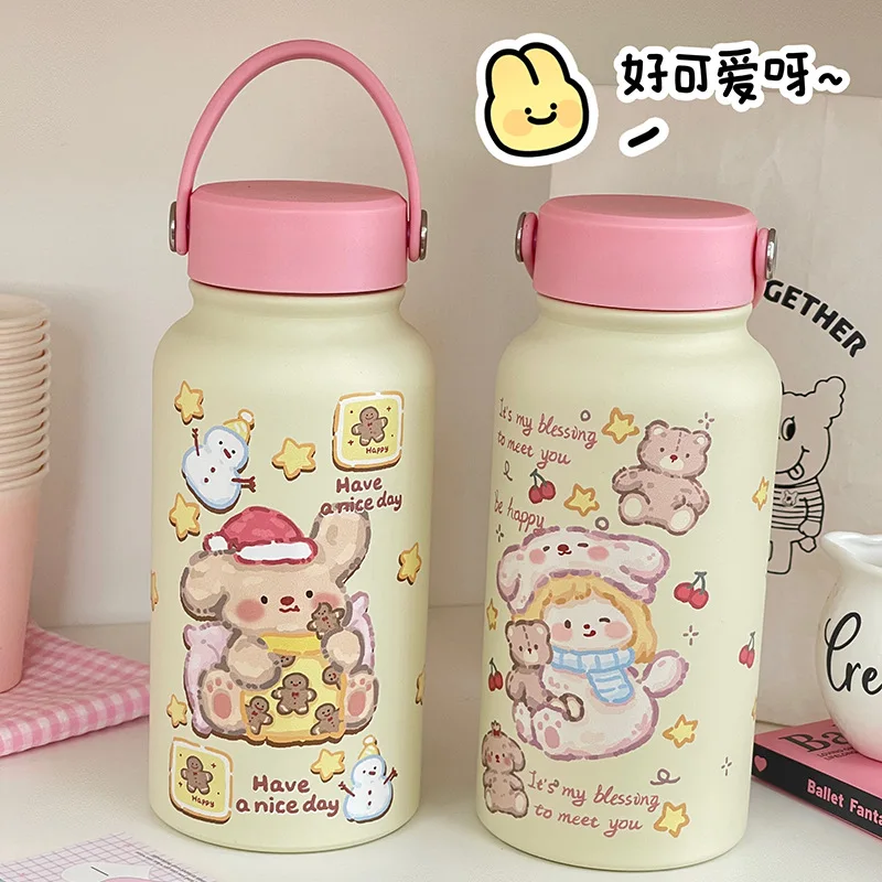 650 ML bubble tea cup Cartoon Bear Insulated Cup Female Large Capacity Handheld Cup Stainless Steel Portable Water Bottle