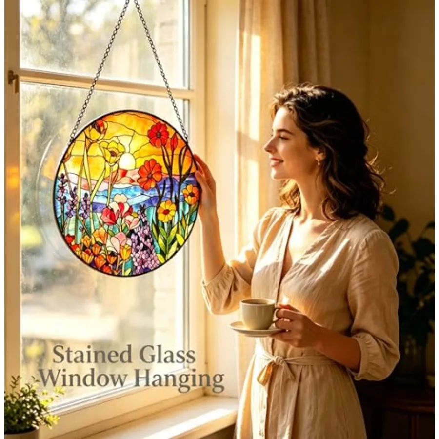 Stained Glass Window Hanging, Large Rainbow Maker Sun Catcher Kit, Flowers Plant Garden Suncatcher with Chain and Suction Cup H
