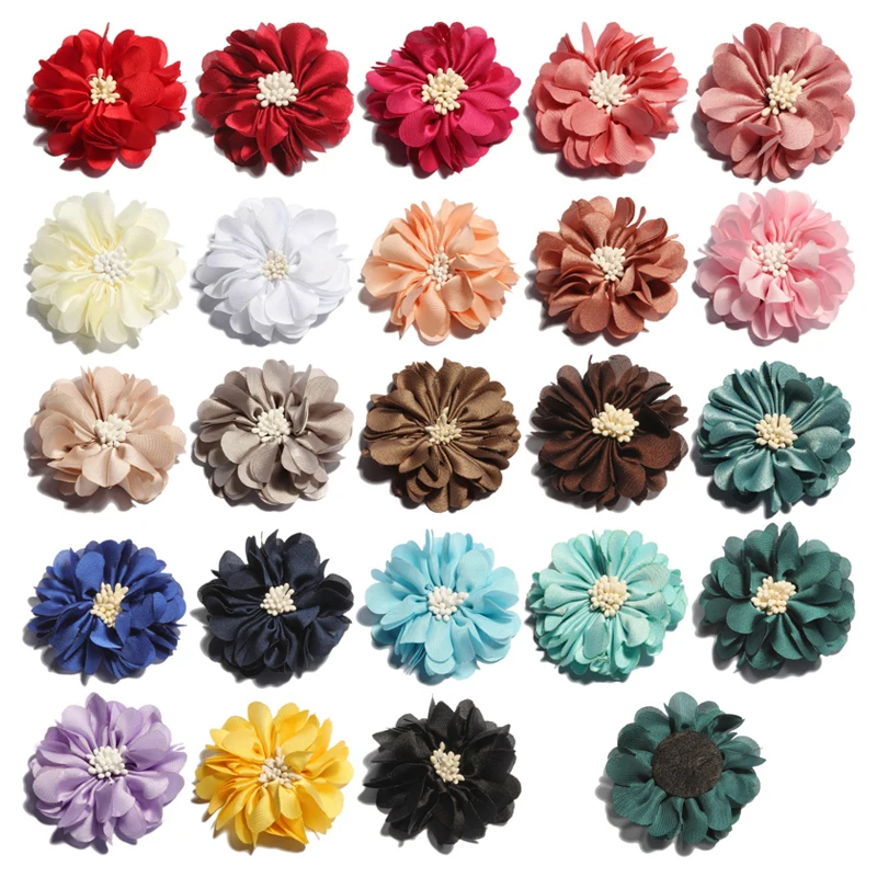 

120PCS 23colors 5cm Newborn Do Old Chiffon Hair Flowers for Kids Hair Accessories Vintage Wrinkles Fabric Flowers with Match End