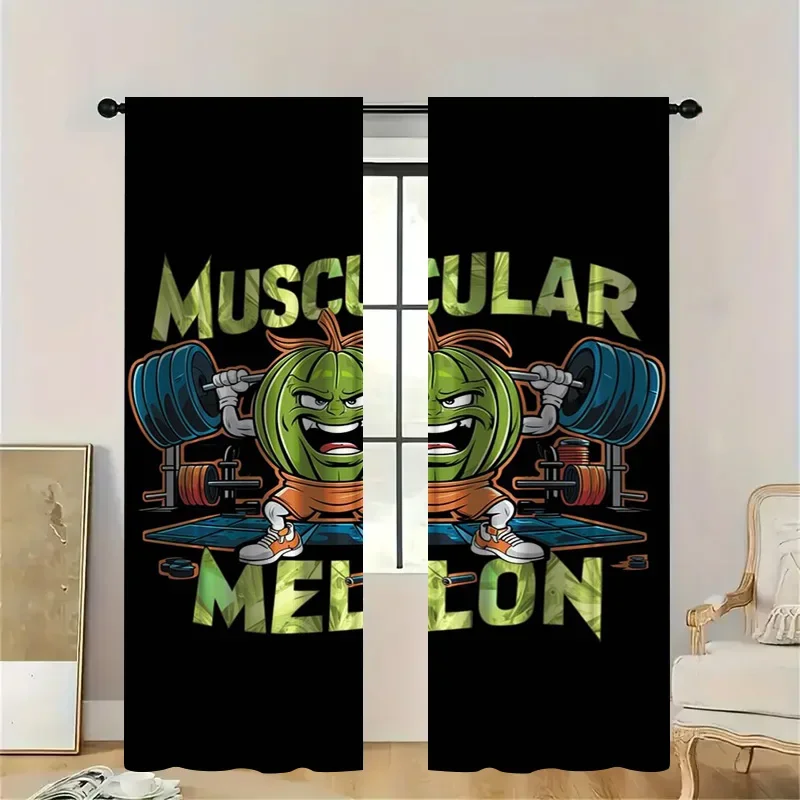 2pcs Muscular Melon Fitness Curtains with Rod Pocket,  Light Filtering, Funky Gym or Kitchen Decor