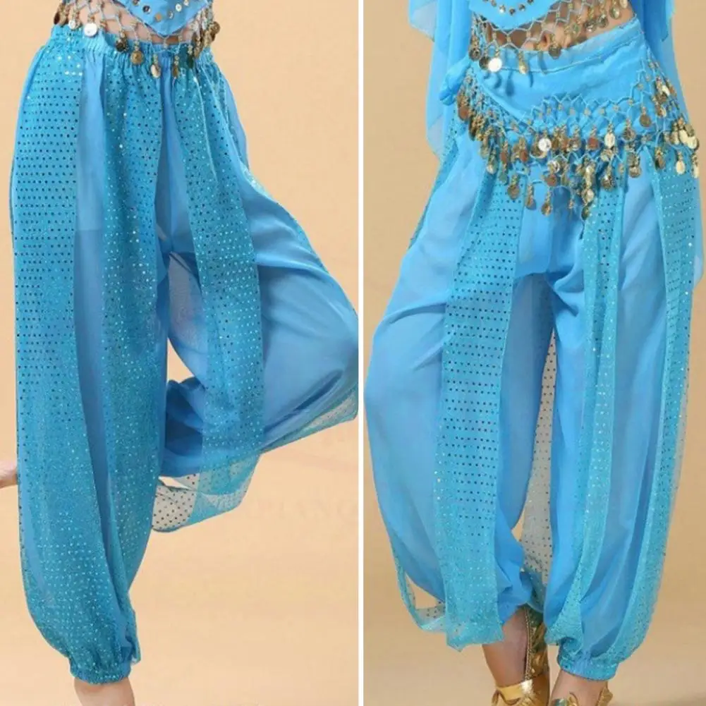 

Dance Costume Pants Sequined Folk Dance Hip-hop Performance Pants for Women Elastic High Waist Solid Color Bloomers Belly Dance