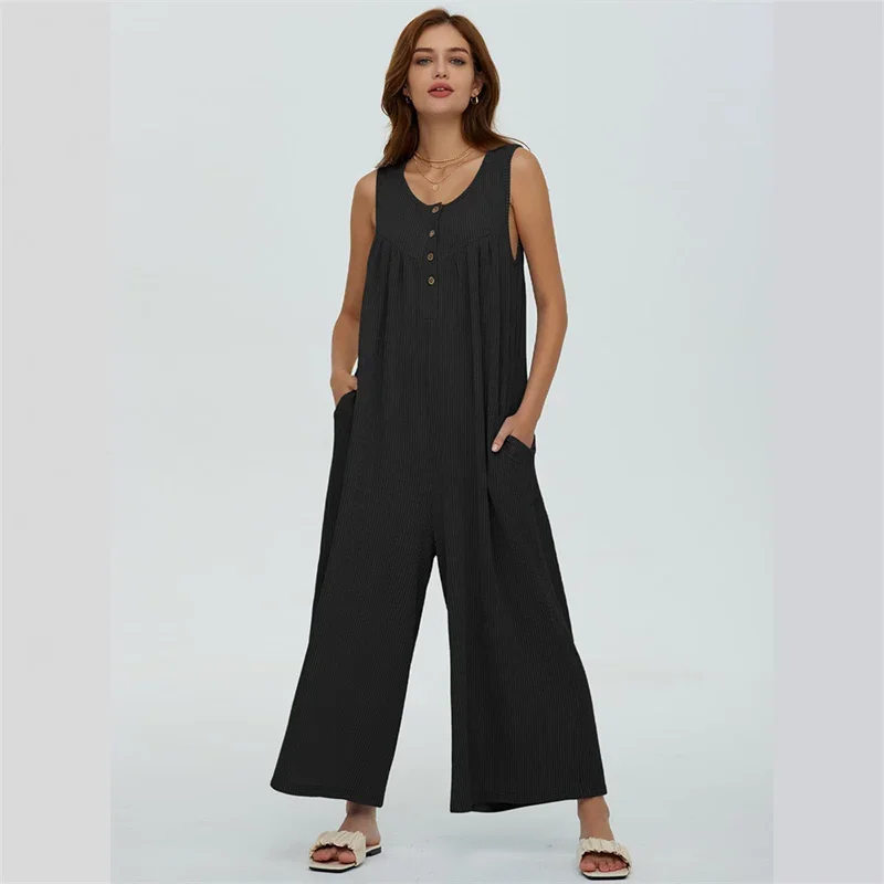 Women Single-breasted O Neck Splicing Jumpsuit Summer Solid Color Casual Sleeveless Rompers Double Pockets Female Wide Leg Pants