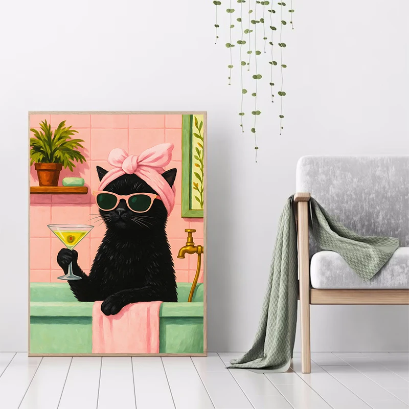 Cat with Martini in Bathtub Black Cat Reading on Toilet Dog Spa Canvas Painting Print Wall Art Picture Bathroom Home Decor