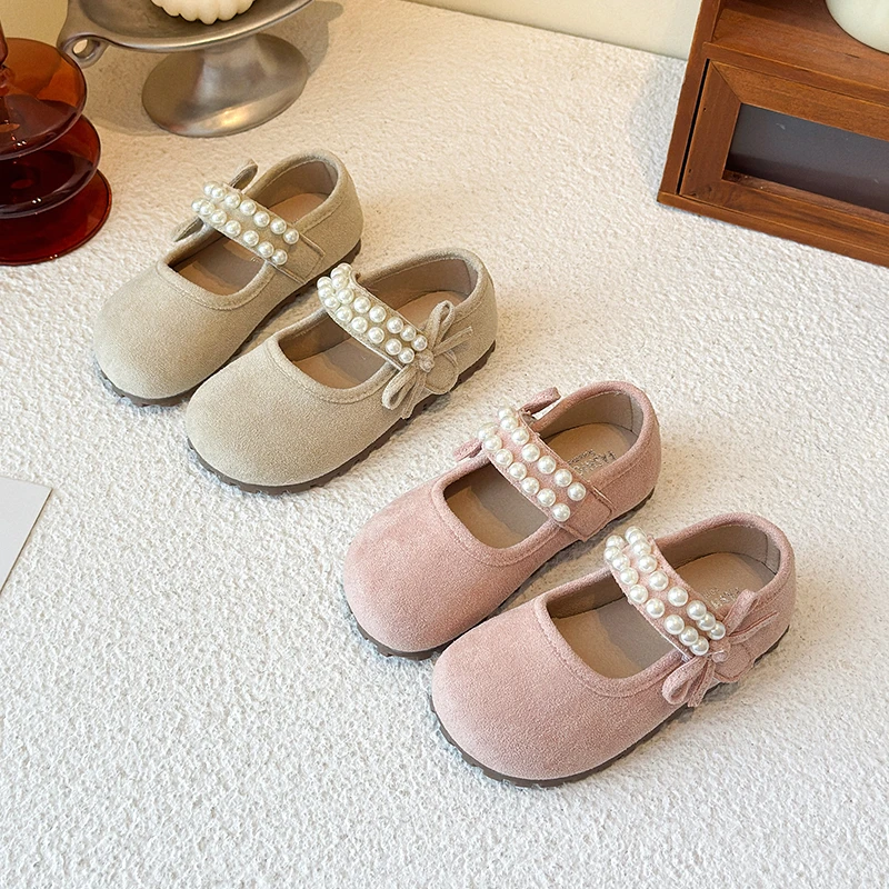 

Autumn Girl's Flat Shoes Pink Khaki Pearl Sweet Round Toe Kids Princess Shoe Anti-skid Adorable Flexiable Suede Children Shoe
