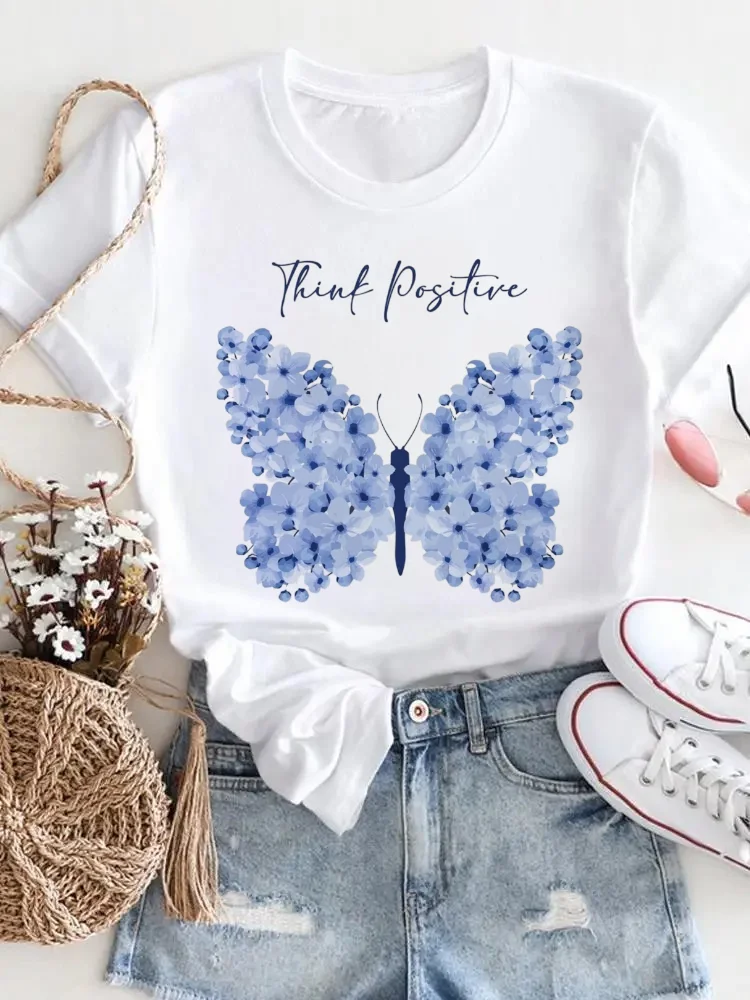 

T-Shirt Print Fashionable Butterfly Flower Pattern Casual Women's Top Short Sleeved Summer Round Neck Style Trendy Street T-Shir