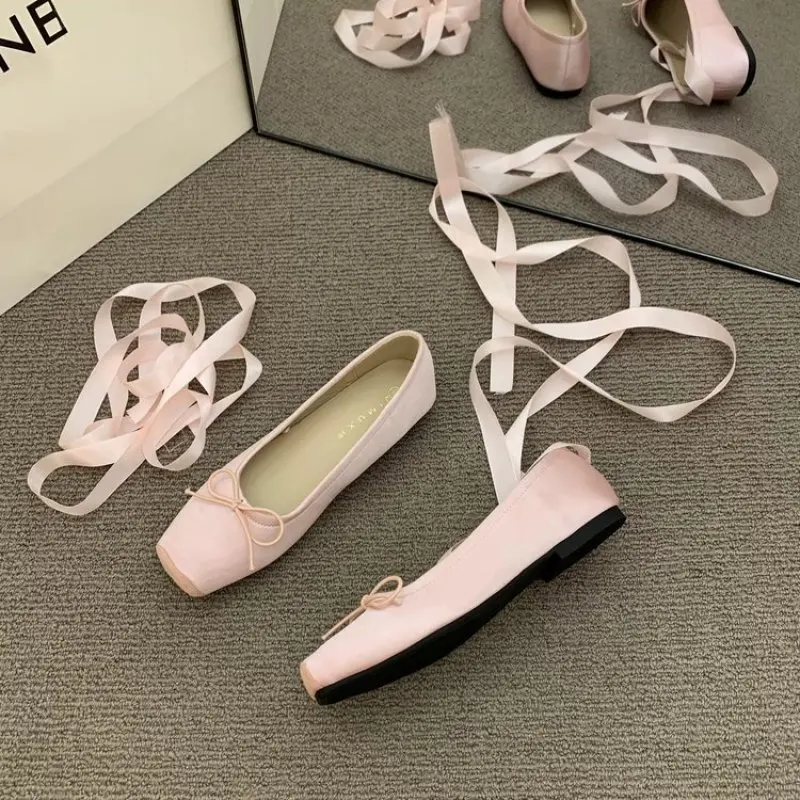 Women Flats Bow Marie Janes Shoes 2024 Spring New Lolita Dress Square Toe Shoes Designer Walking Sandals Female Elegant Zapatos