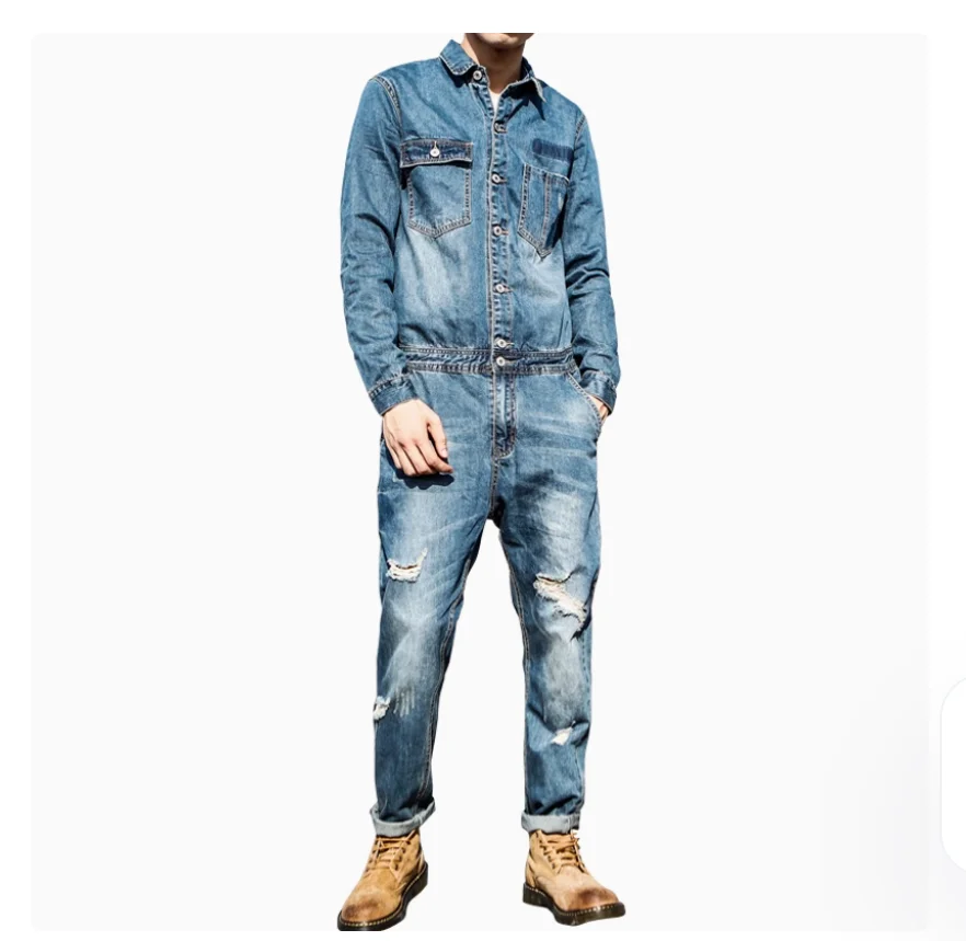 

Spring new men's hip-hop denim jumpsuit 2025 Korean version slim fit denim fashionable retro motorcycle workwear jumpsuit