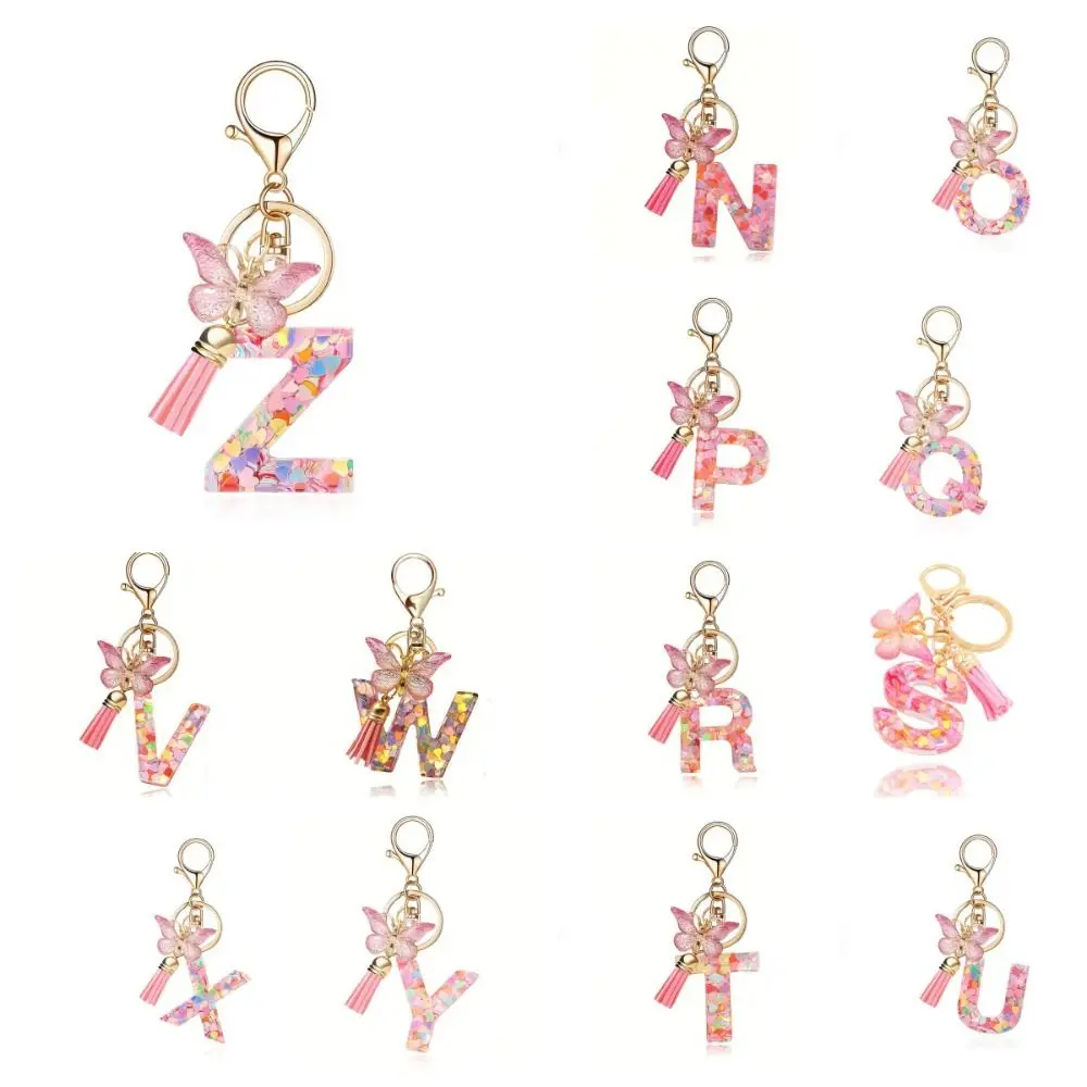 Creative Dreamy 26 Letter Keychain A-Z Sequin Butterfly Initial Keyring Butterfly Pink Alphabet Key Chain Car Accessories