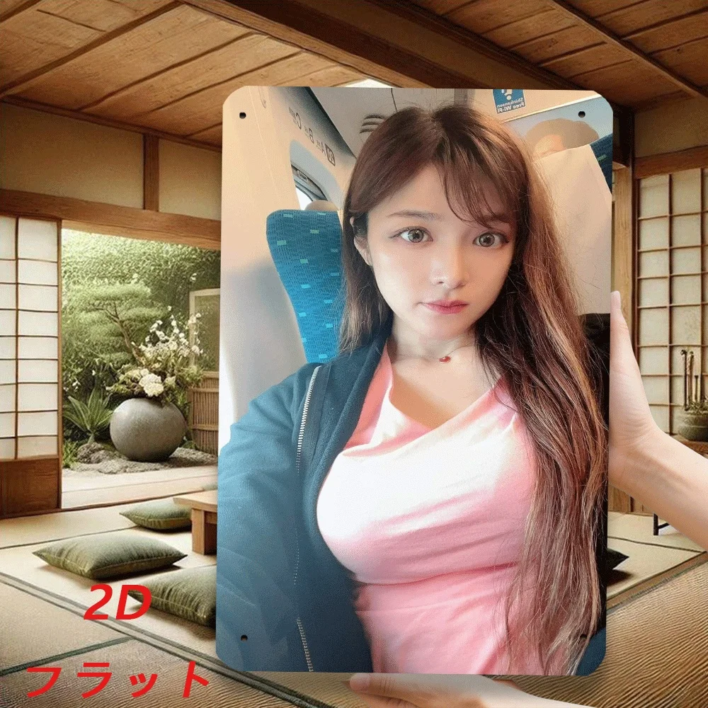 Vintage  Metal Tin Sign, Long Wavy Asian Girl Pink V-neck Top Dark Zip Hoodie Train Seat Interior Travel Wall Decor
