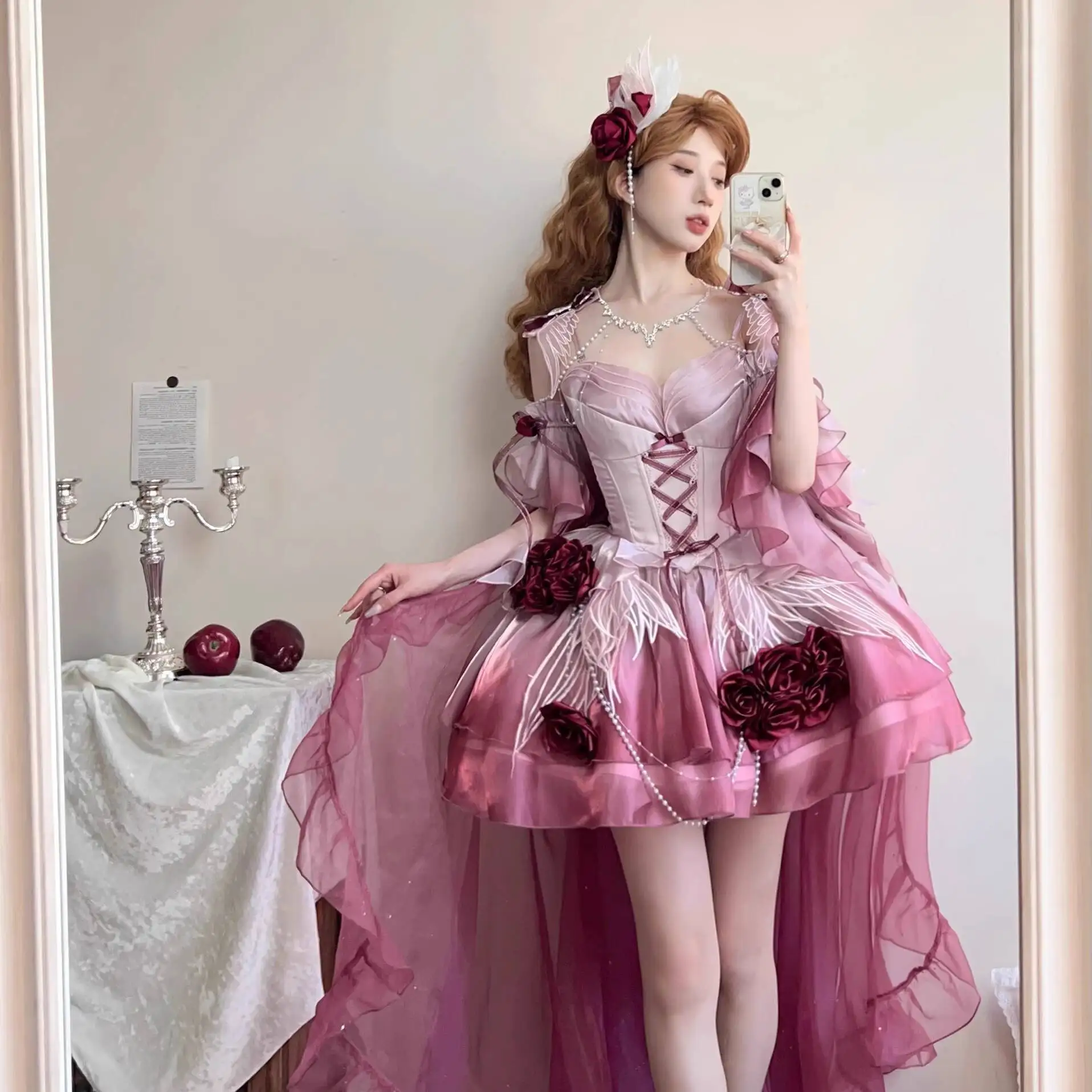 

Alice In Wondeland Cute Women Lolita OP Dress Flouncing Lace Trim Japanese Harajuku Long Sleeves Doll Teen Dress Fairy Clothes