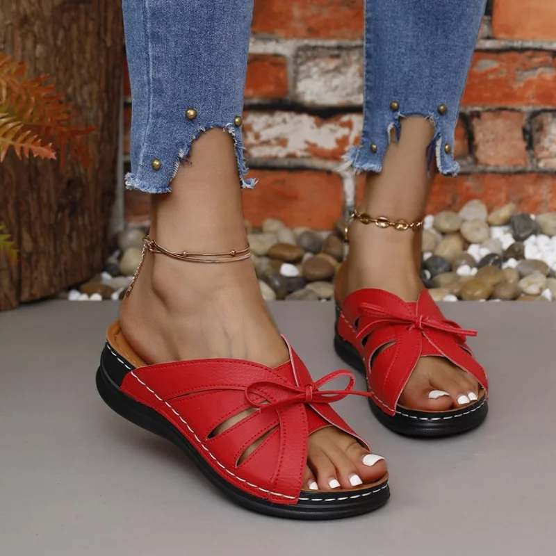 Women Bow Wedges Slippers Platform High Heels Shoes Summer Beach Flip Flops Female New Fashion Sandals Casual Slides Big Size 43