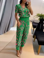 2 Piece Sets Women Outfit Long Pant Set 2024 Summer Casual V-neck Print Short Sleeve Trousers Suit Two-piece Green Tracksuit