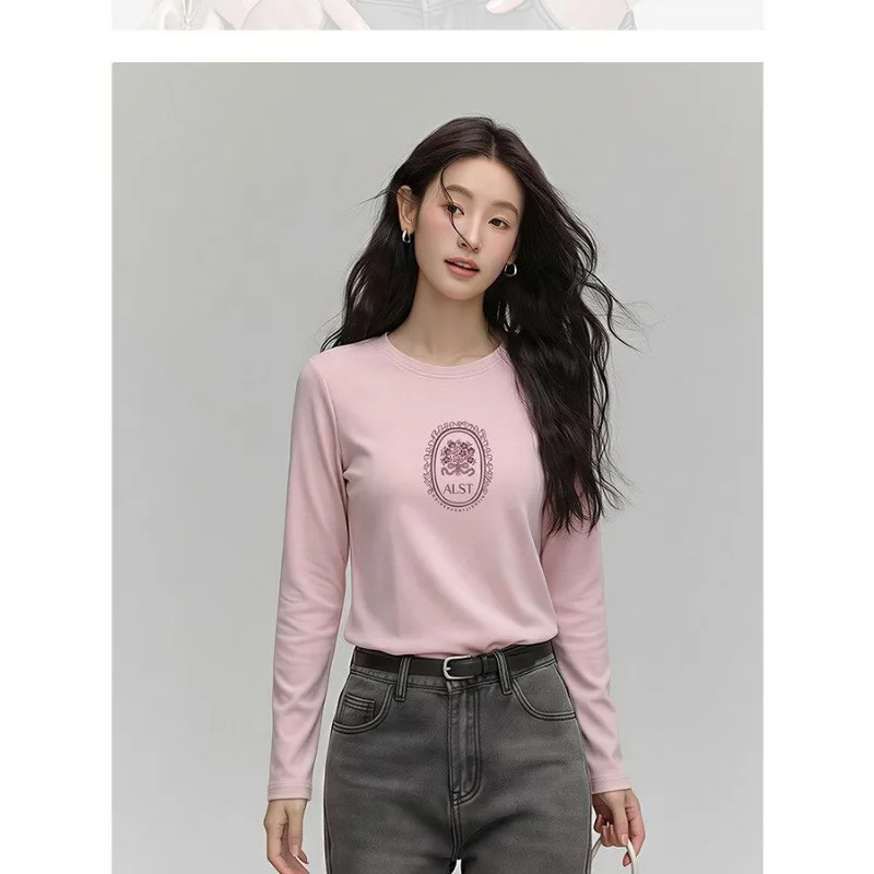 Women Autumn Winter Brushed Thick Long Sleeve T Shirt Crew Neck Print Casual Ladies Top