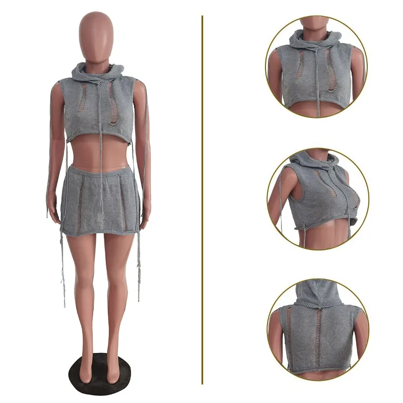 GUWU Ribbed Knit Hollow Out Women's Set Sleeveless Hooded Sweater and Mini Skirt 2024 Two 2 Piece Set Outfits Summer Tracksuit