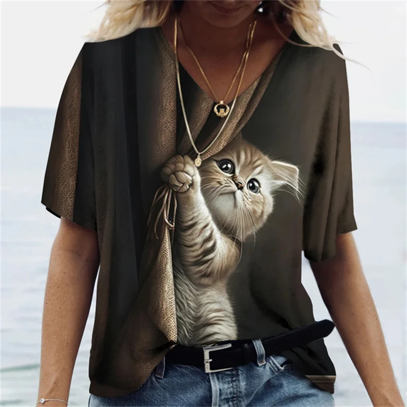 Fashion 3D Cat Printed T Shirt For Women Summer Casual O-neck Short Sleeve Tops Oversized V-neck Ladies T-Shirts Female Clothing