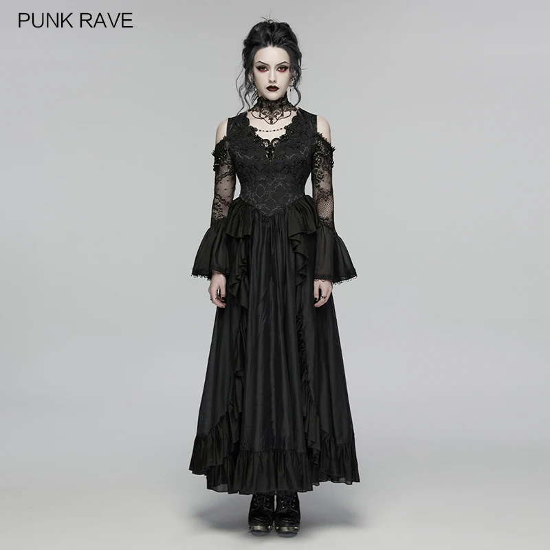 

Женское готическое платье PUNK RAVE с прозрачными кружевными расклешенными рукавами, украшенное жемчугом, цветами и сверкающими кристаллами, элегантное платье в стиле феи.