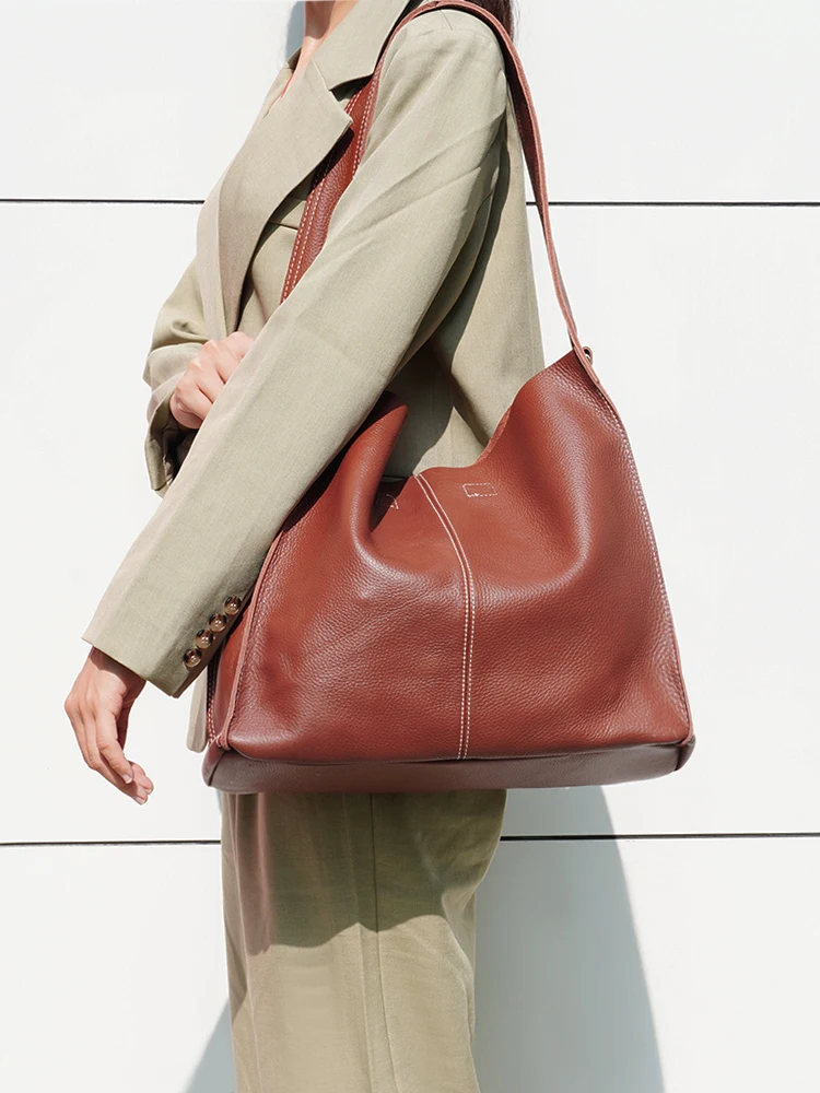 Zency Large Capacity Genuine Leather Shoulder Bag for Women Soft Handbag Crossbody Designer Wide Strap Work Tote Brown Natural